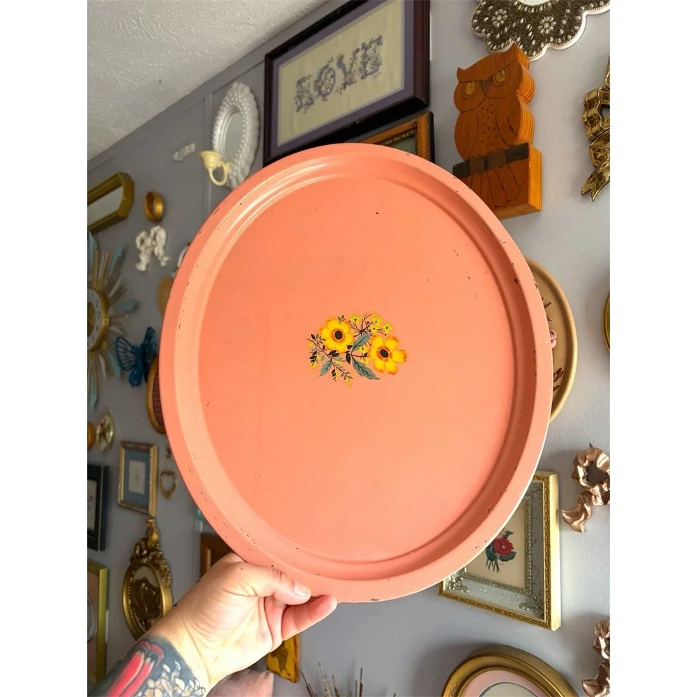 Vintage floral daisy coral pink yellow flowers 70's large oval 18x14.5